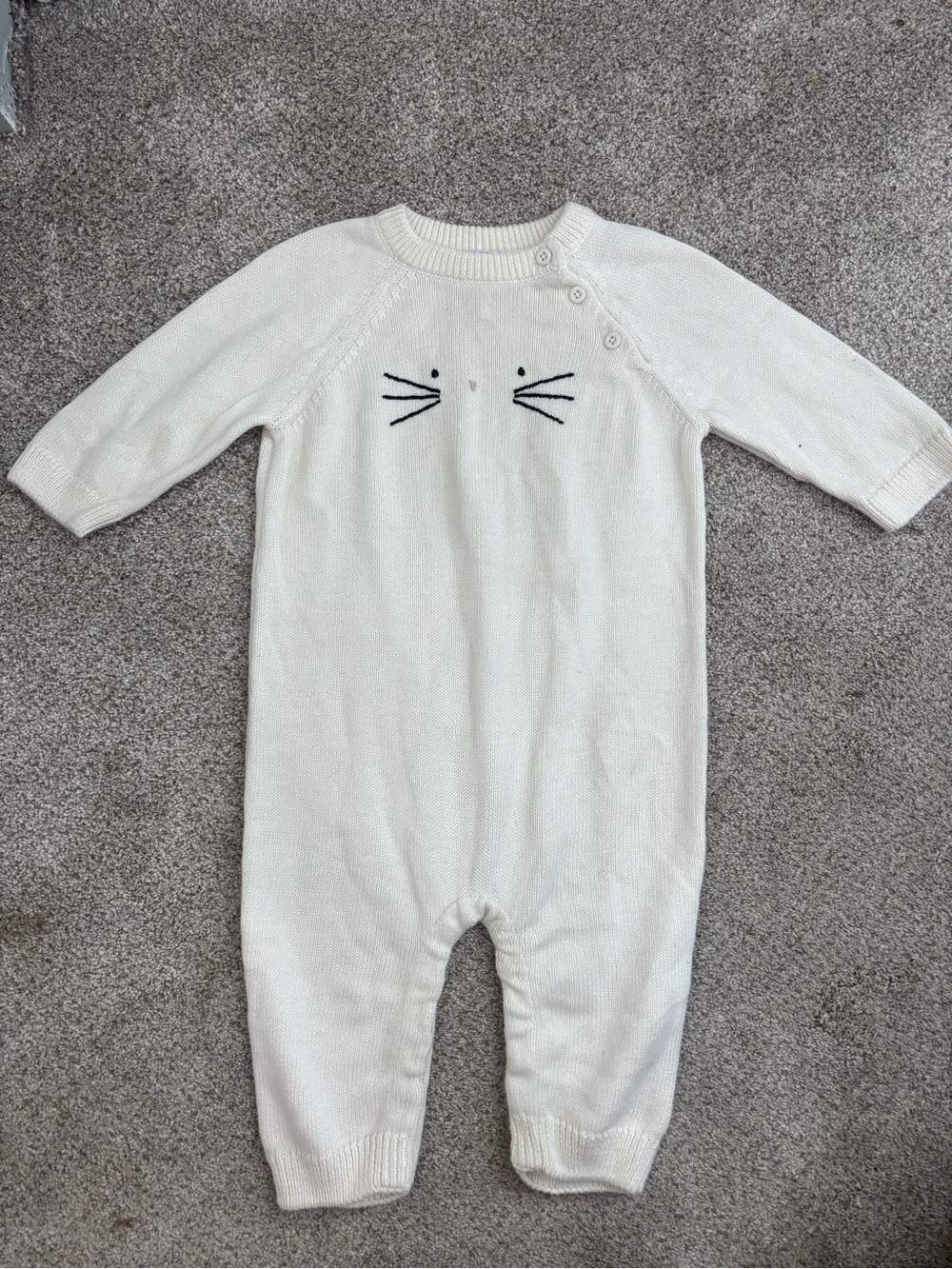 Hanna Andersson 100% Cotton Cream Knit Baby One-Piece with Whisker Face 12-18
